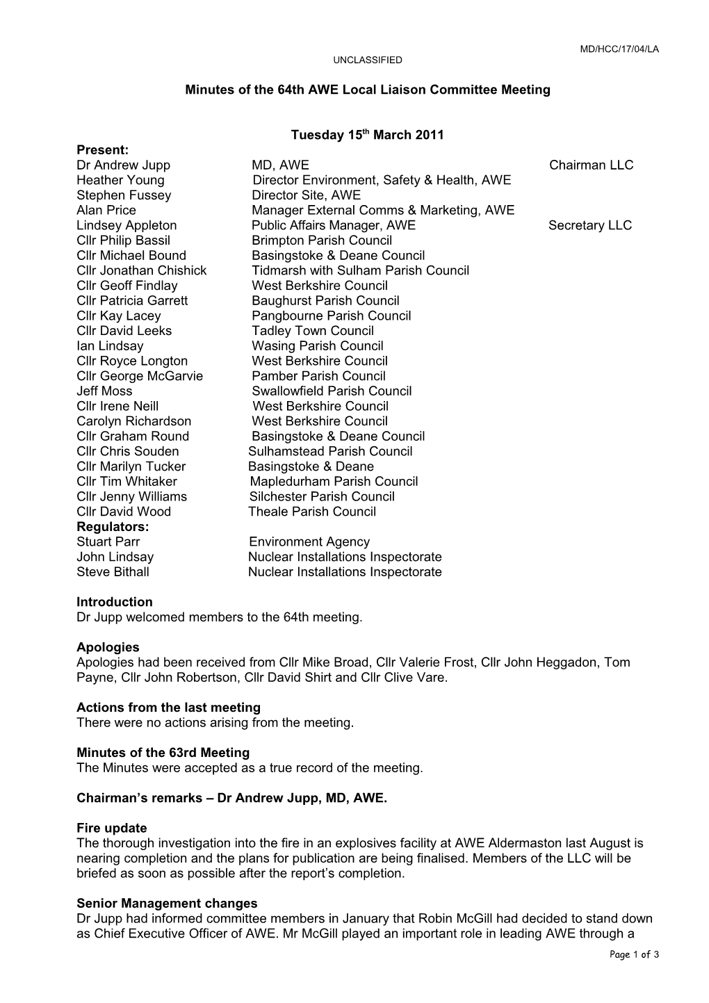 Minutes of the 64Th AWE Local Liaison Committee Meeting