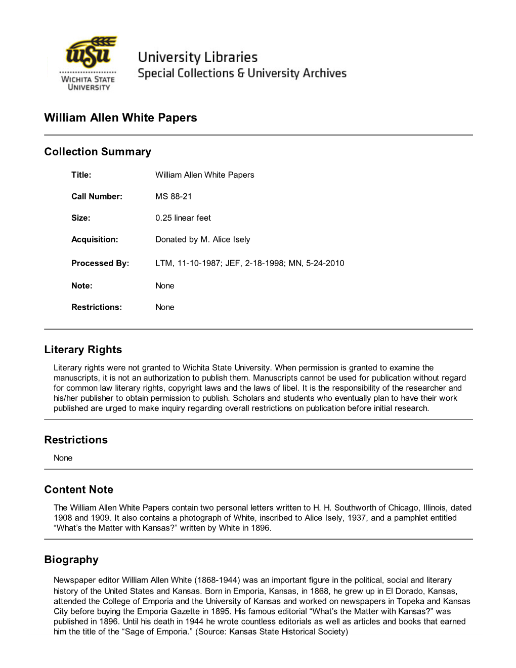 William Allen White Papers