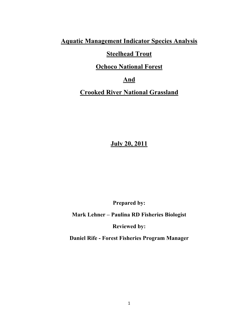 Aquatic Management Indicator Species Analysis Steelhead Trout Ochoco National Forest and Crooked River National Grassland