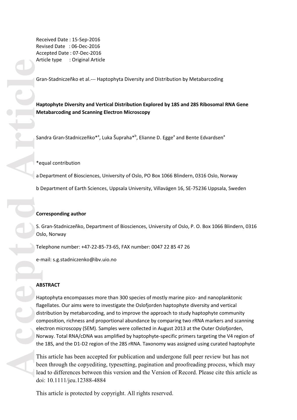 Haptophyte Diversity and Vertical Distribution Explored by 18S And