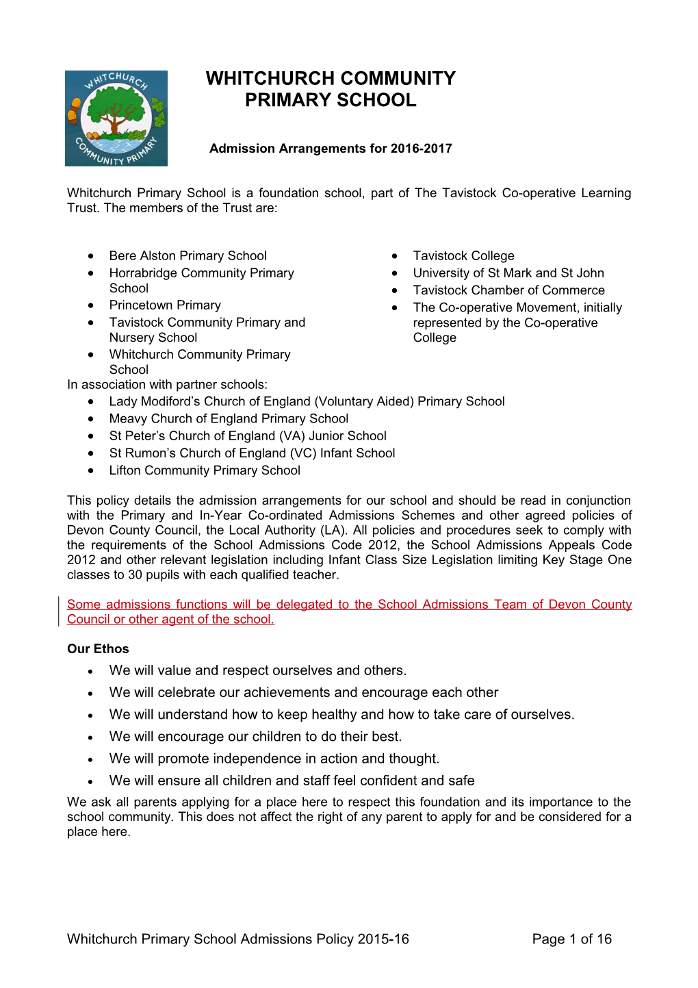 Whitchurch Primary School Admissions Policy 2015-16 Page 1 of 16