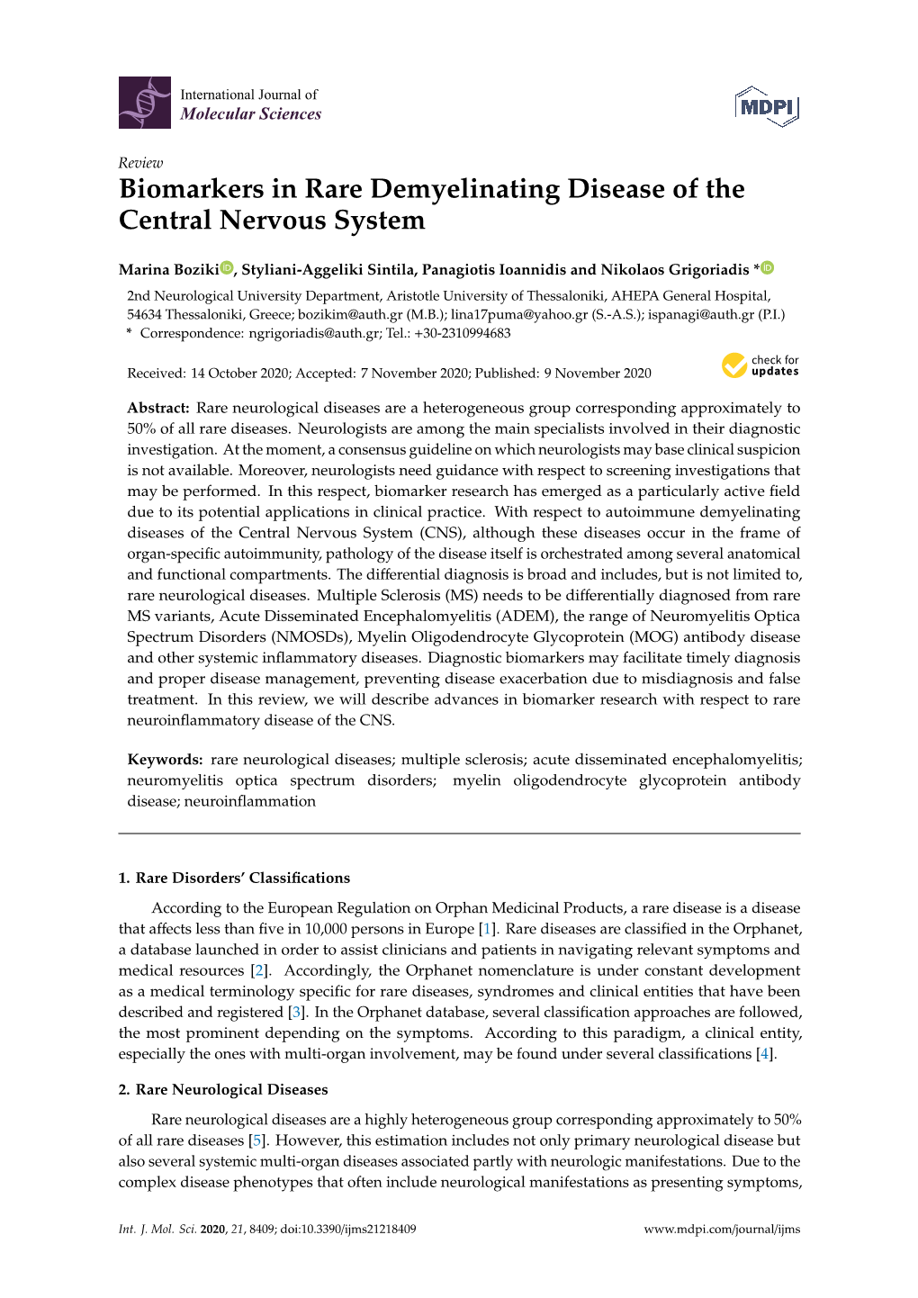 Biomarkers in Rare Demyelinating Disease of the Central Nervous System