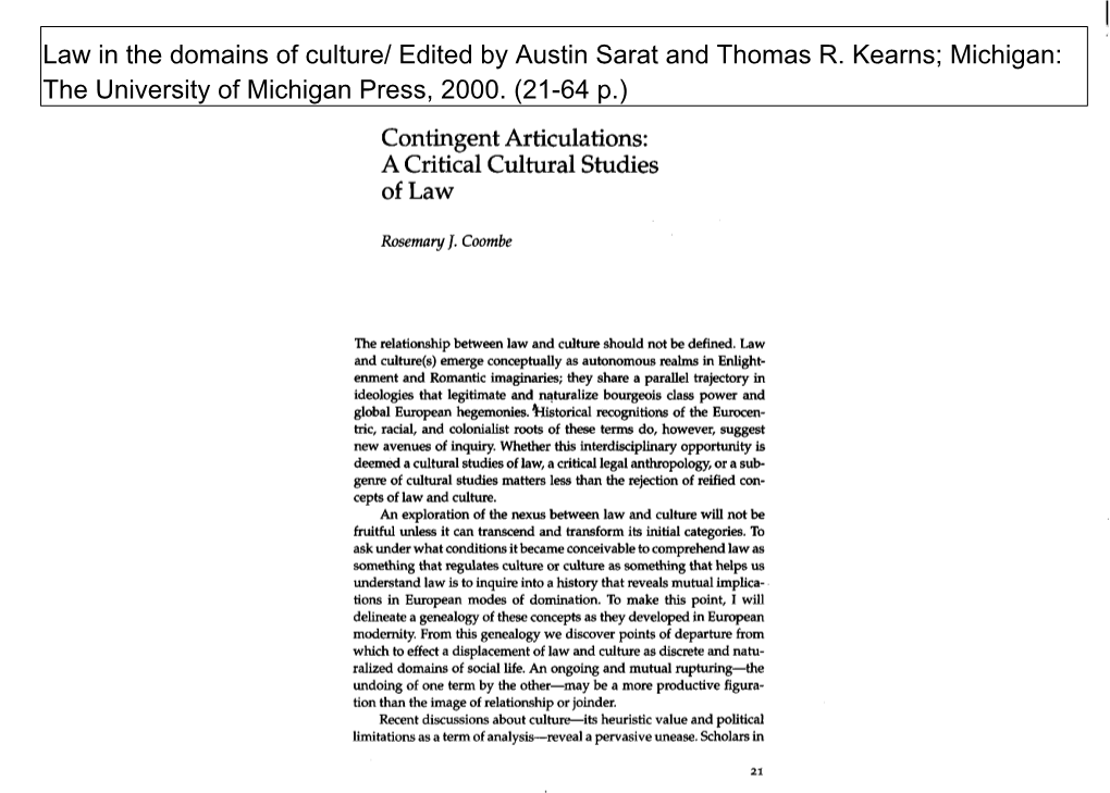 A Critical Cultural Studies of Law