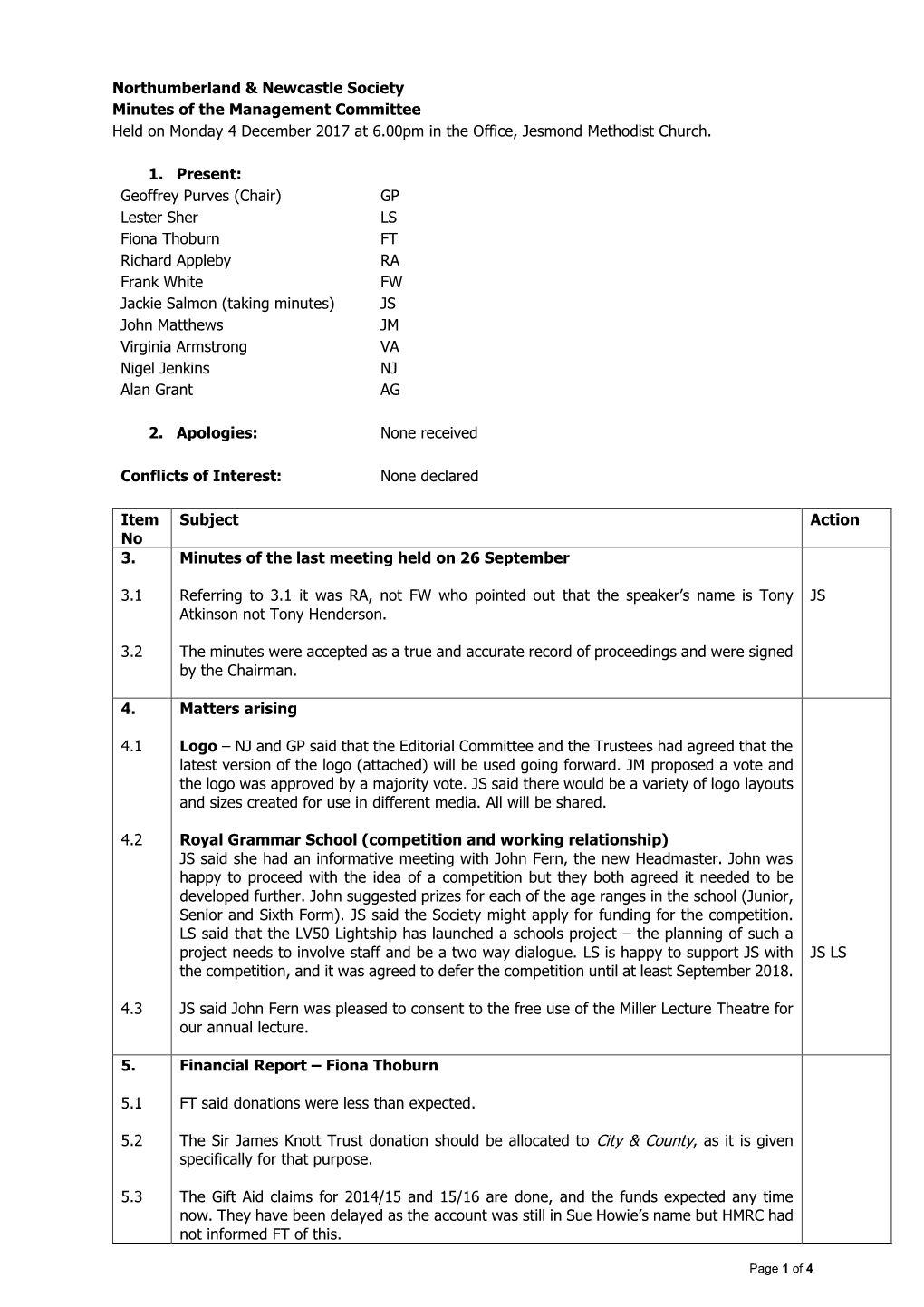 Northumberland & Newcastle Society Minutes of the Management