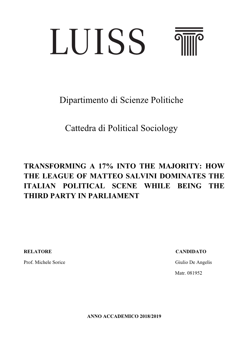 Dipartimento Di Scienze Politiche Cattedra Di Political Sociology