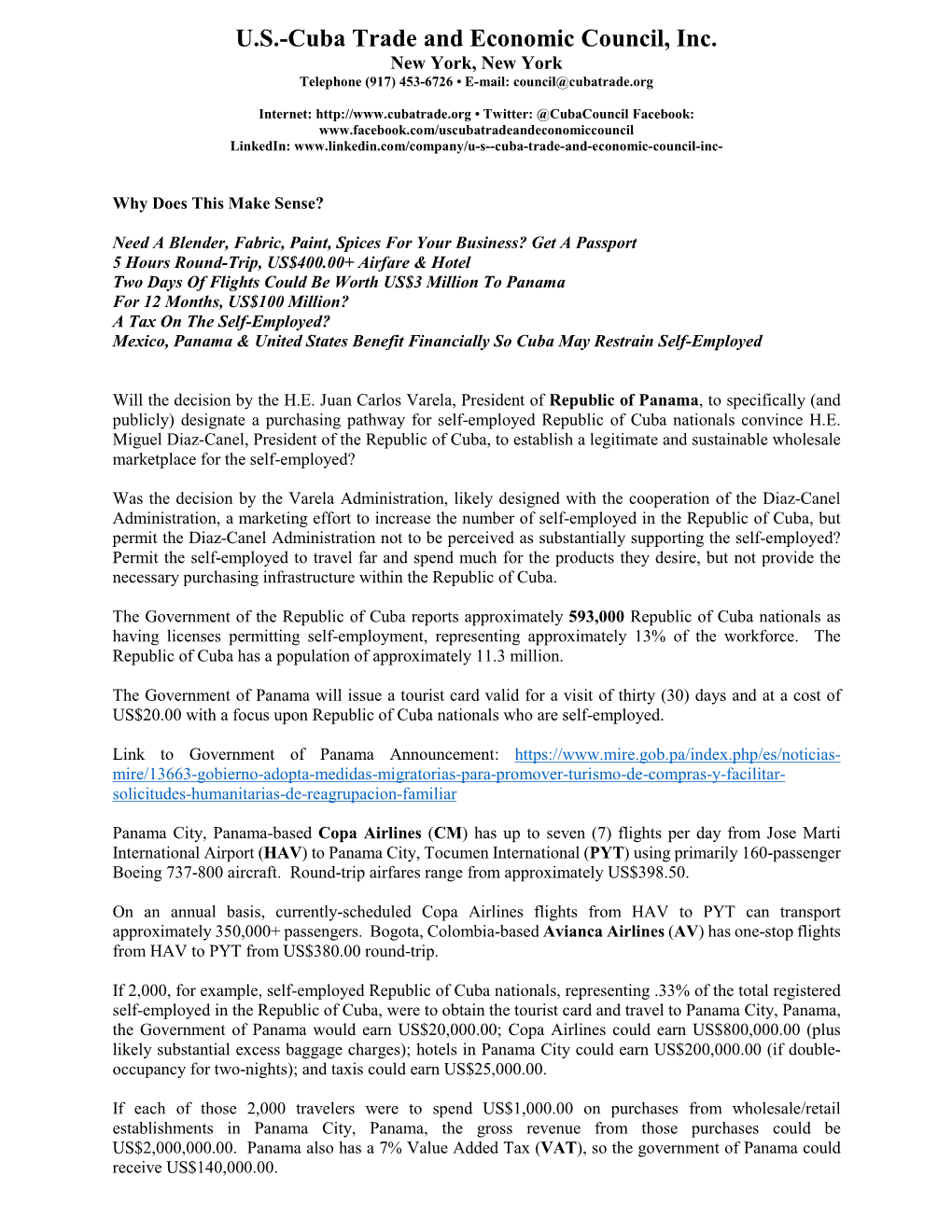 U.S.-Cuba Trade and Economic Council, Inc. New York, New York Telephone (917) 453-6726 • E-Mail: Council@Cubatrade.Org