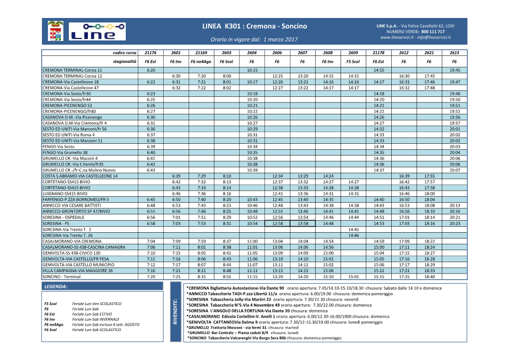 LINEA K301 : Cremona - Soncino LINE S.P.A