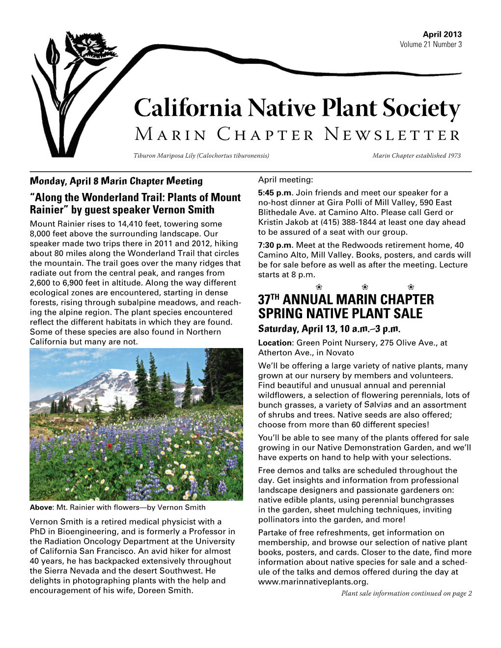 California Native Plant Society Marin Chapter Newsletter Tiburon Mariposa Lily (Calochortus Tiburonensis) Marin Chapter Established 1973