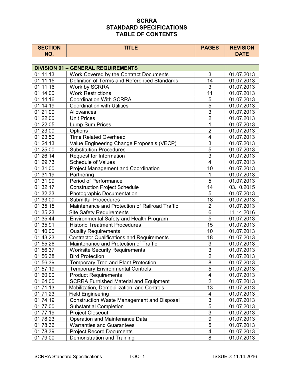 Scrra Standard Specifications Table of Contents