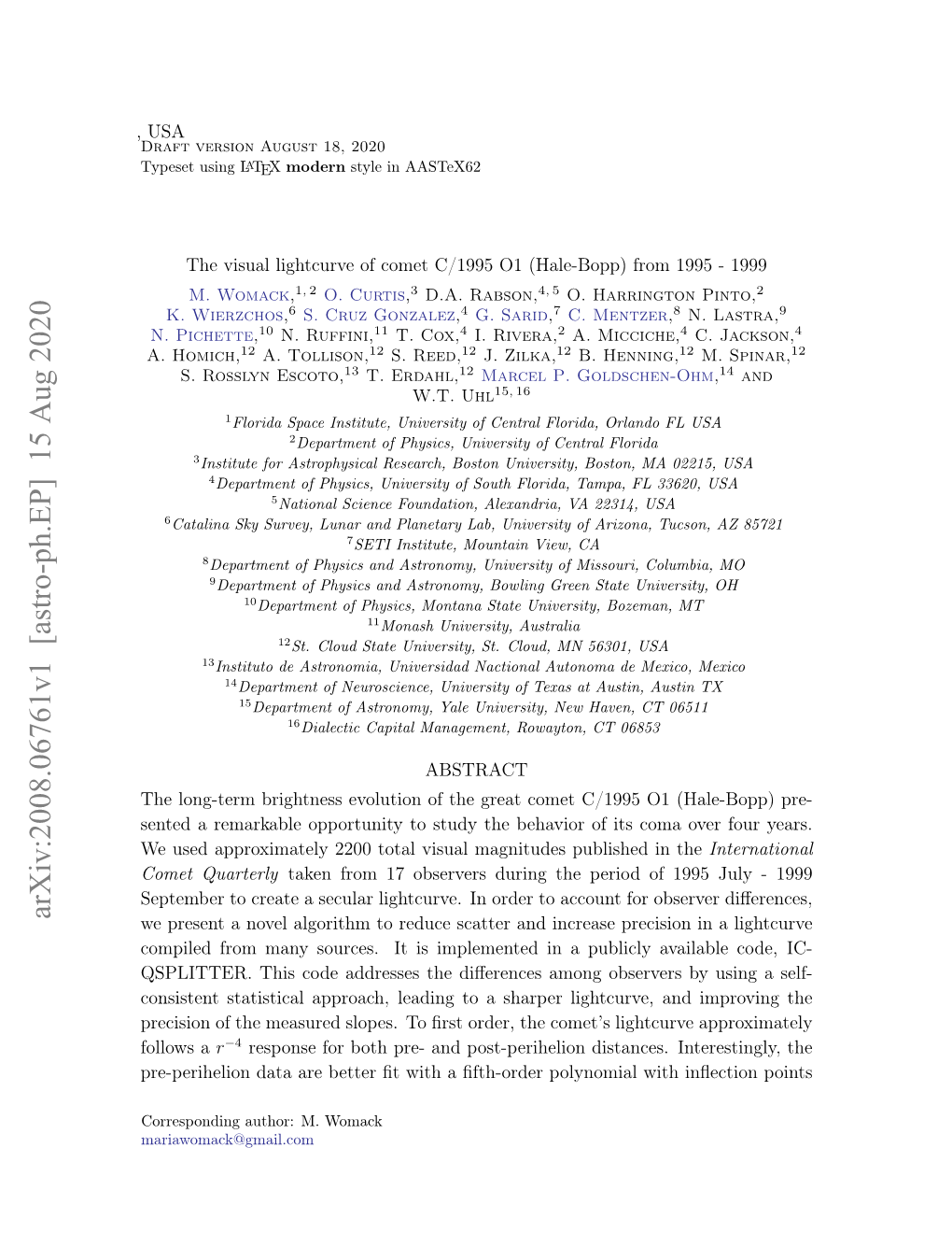 Arxiv:2008.06761V1 [Astro-Ph.EP] 15 Aug 2020 We Present a Novel Algorithm to Reduce Scatter and Increase Precision in a Lightcurve Compiled from Many Sources