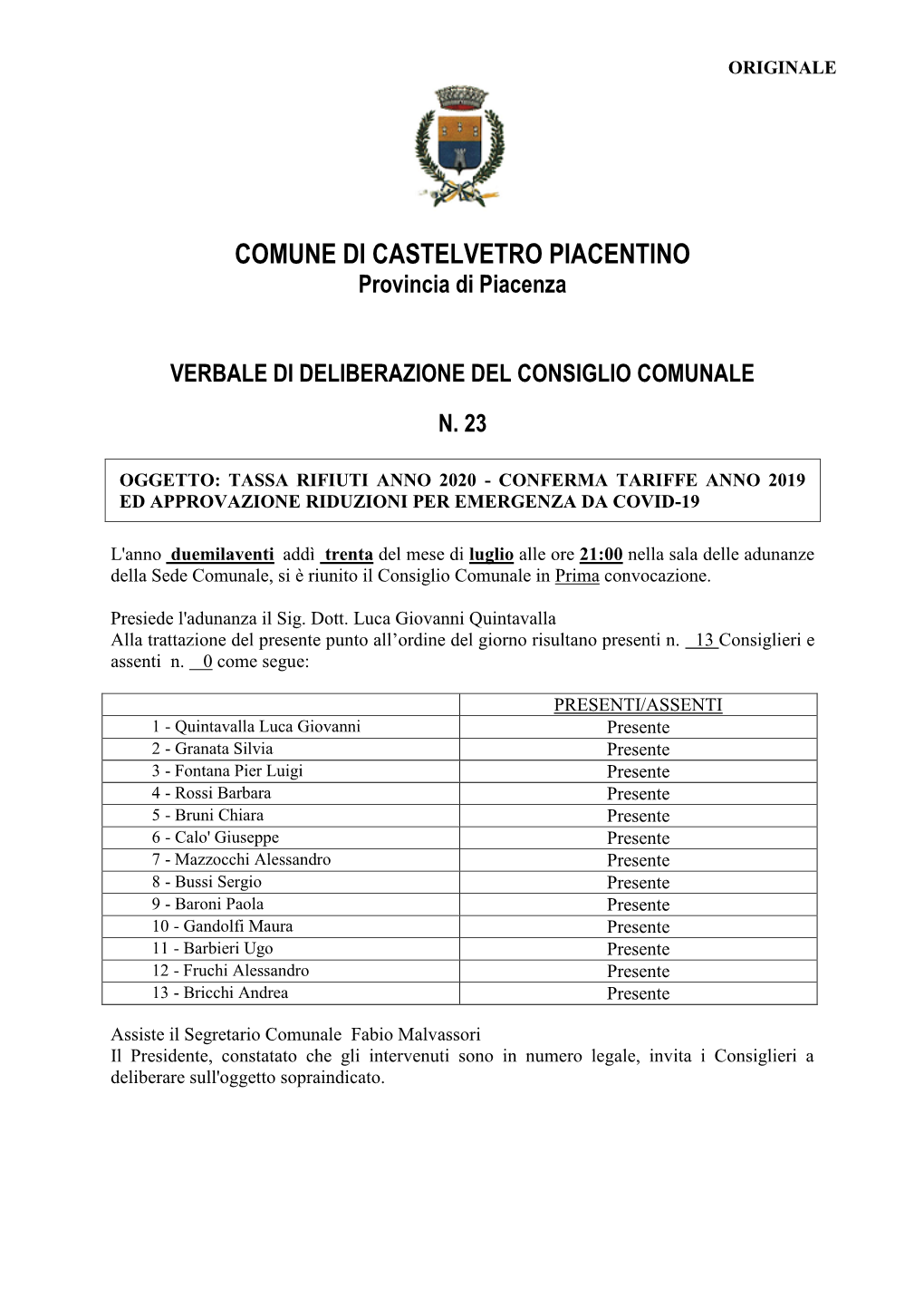 COMUNE DI CASTELVETRO PIACENTINO Provincia Di Piacenza