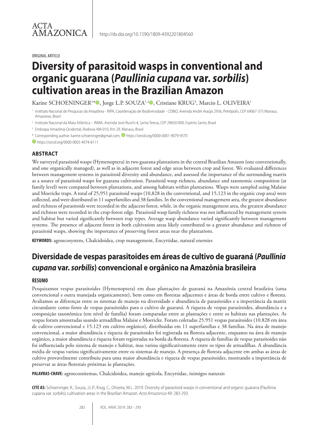 Diversity of Parasitoid Wasps in Conventional and Organic Guarana (Paullinia Cupana Var