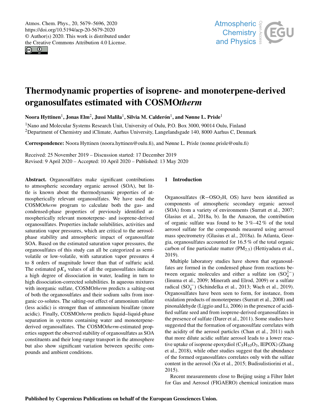 Thermodynamic Properties of Isoprene- and Monoterpene-Derived Organosulfates Estimated with Cosmotherm