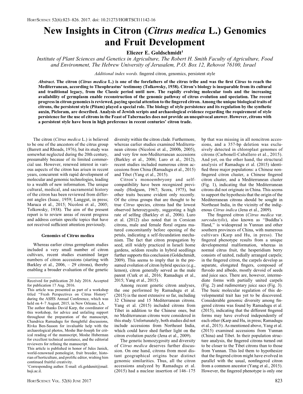 New Insights in Citron (Citrus Medica L.) Genomics and Fruit Development Eliezer E