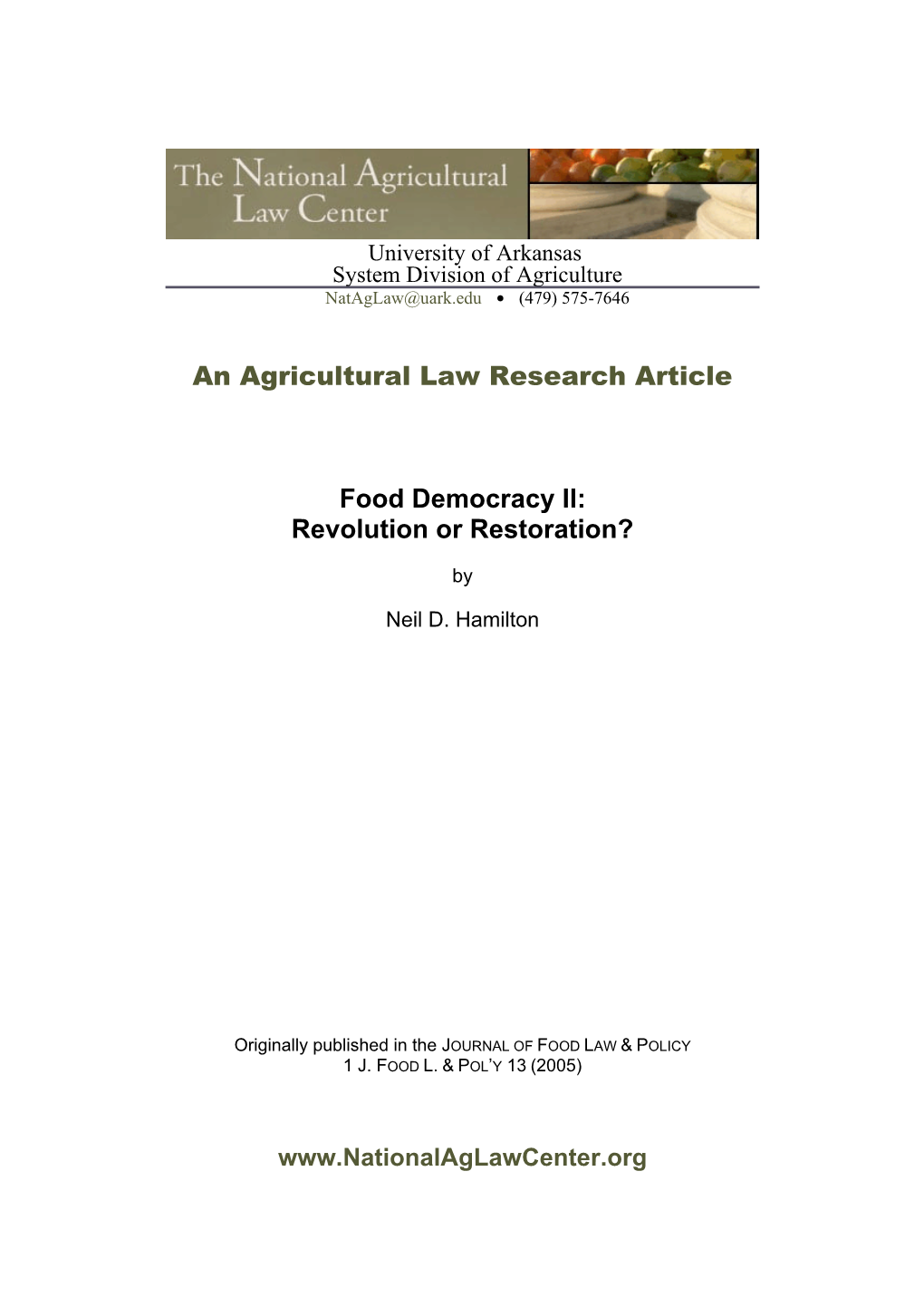 An Agricultural Law Research Article Food Democracy II