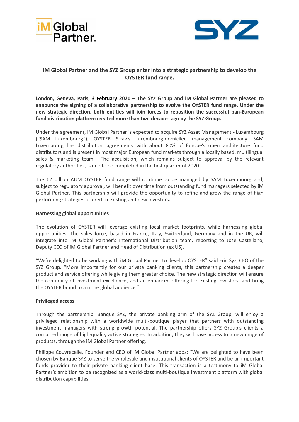 Im Global Partner and the SYZ Group Enter Into a Strategic Partnership to Develop the OYSTER Fund Range