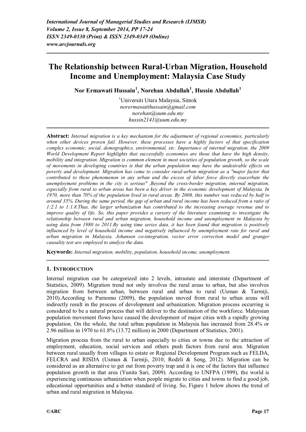 The Relationship Between Rural-Urban Migration, Household Income and Unemployment: Malaysia Case Study