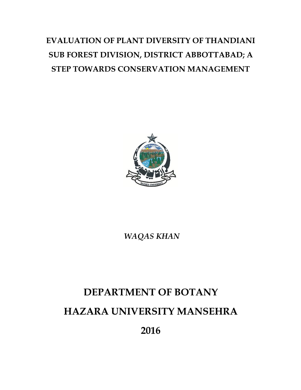 Department of Botany Hazara University Mansehra 2016
