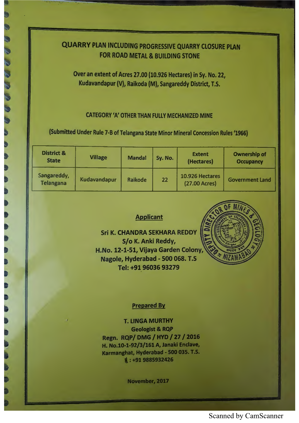 K.Chandrasekhara REDDY Quarry Plan