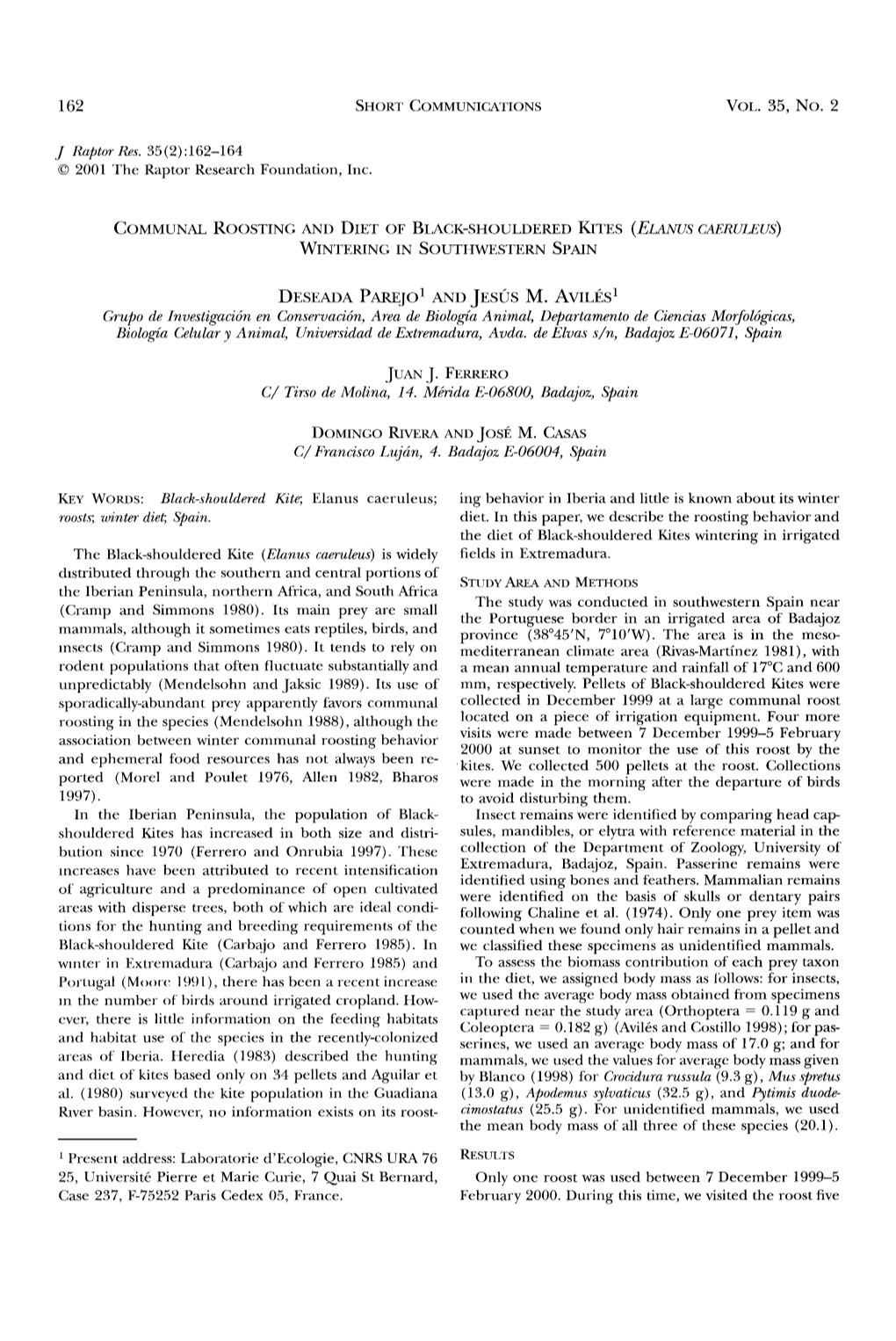 Communal Roosting and Diet of Black-Shouldered Kites