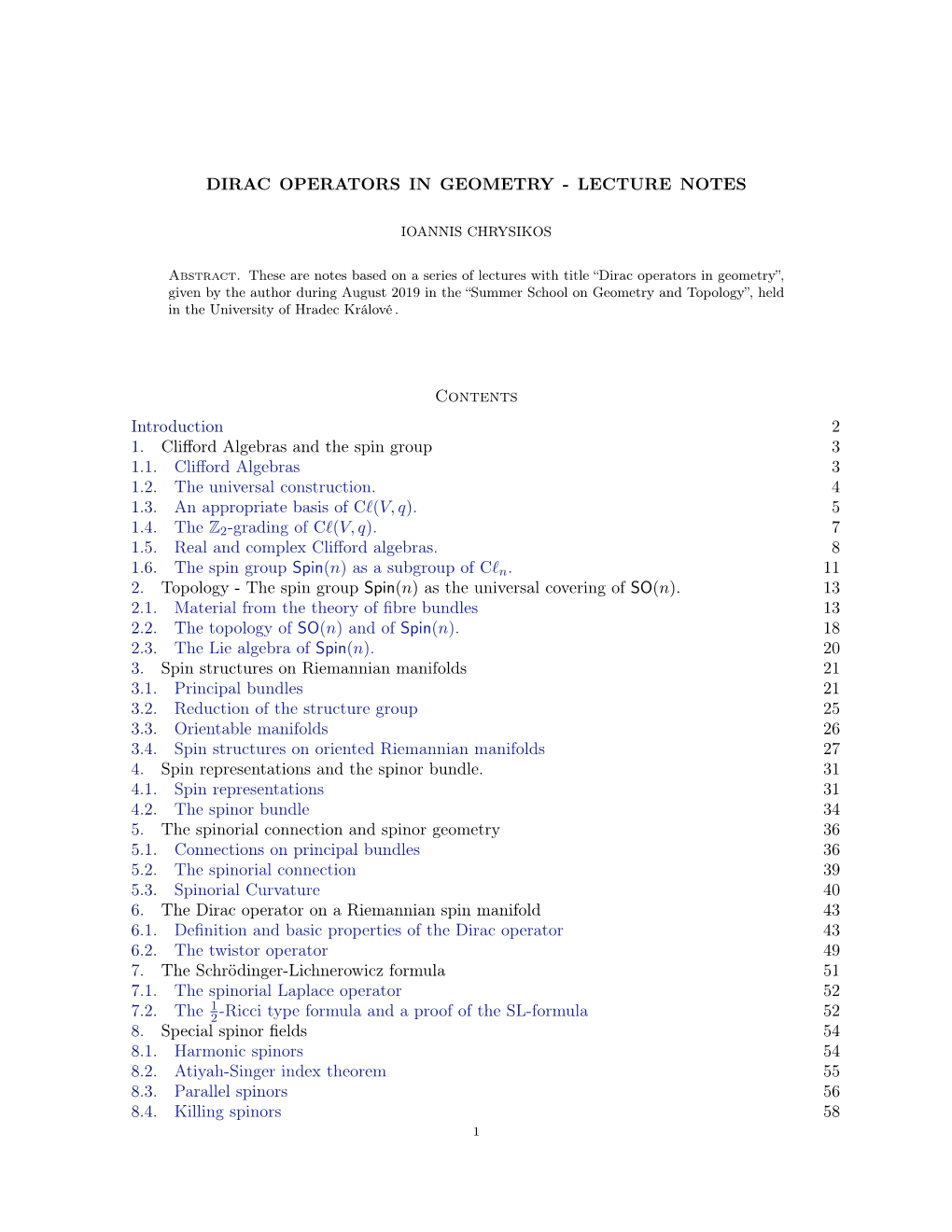 Dirac Operators in Geometry - Lecture Notes