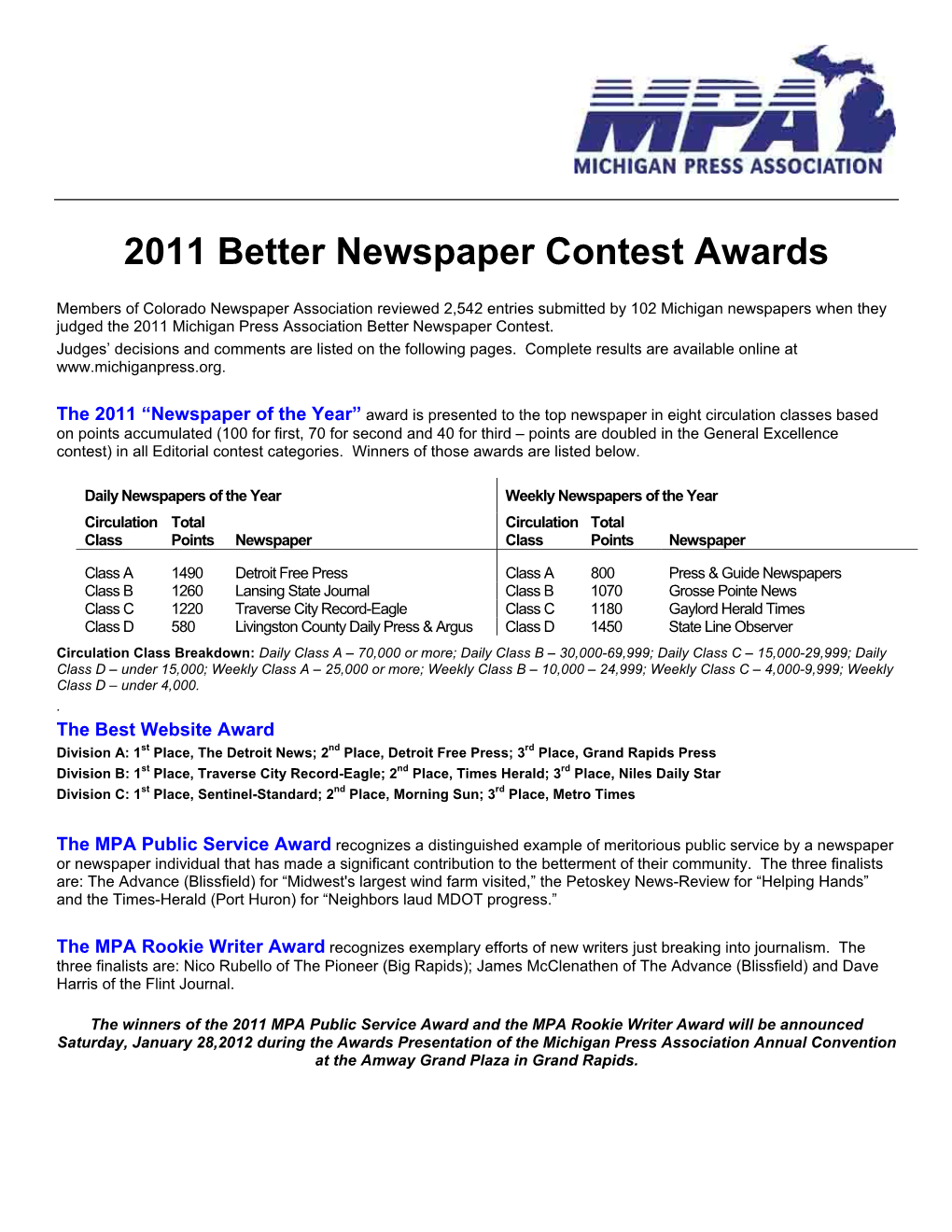 2011 Better Newspaper Contest Awards