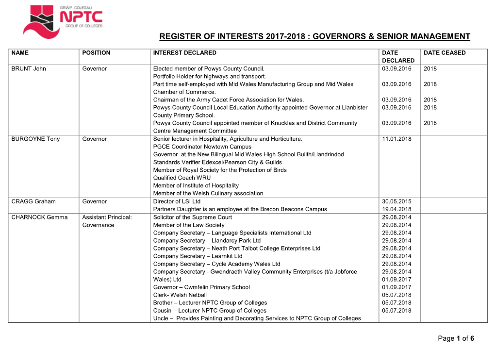 Register of Interests 2017-2018 : Governors & Senior Management