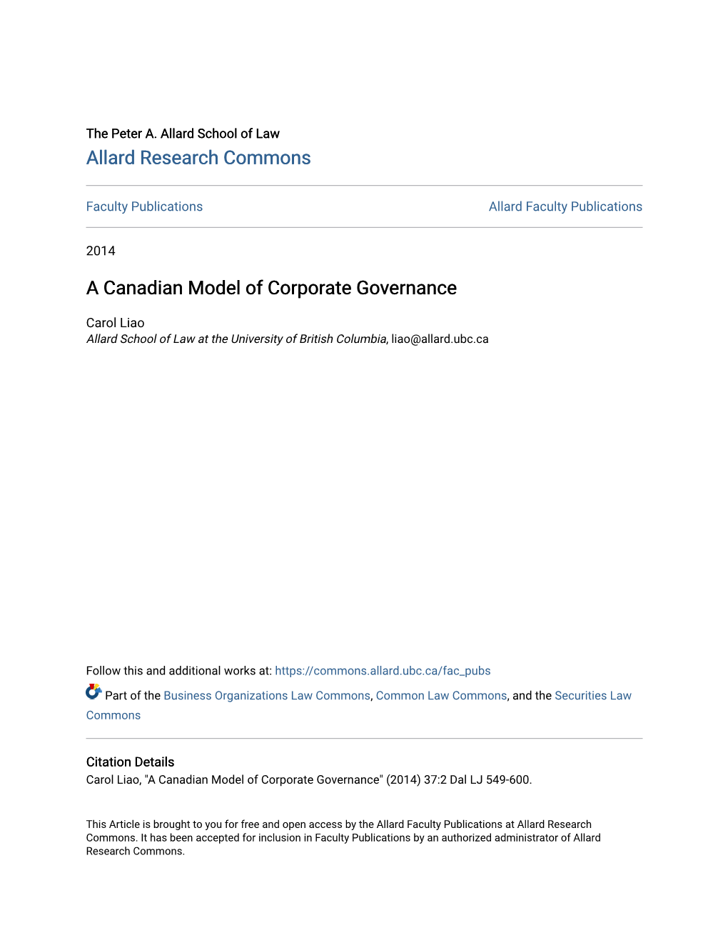 A Canadian Model of Corporate Governance