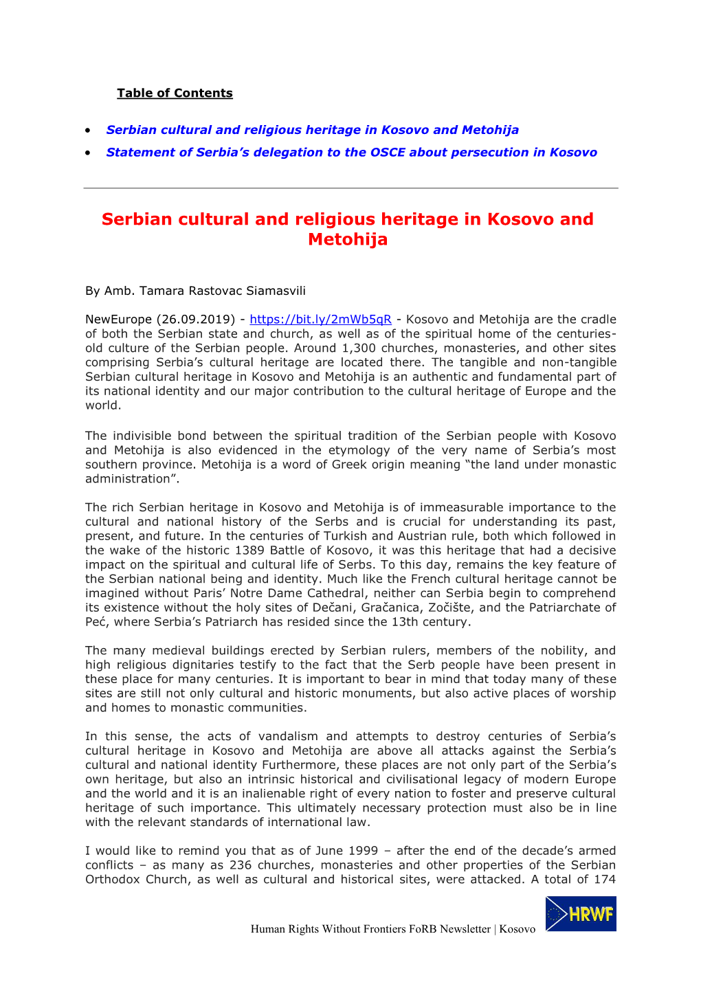 Serbian Cultural and Religious Heritage in Kosovo and Metohija  Statement of Serbia’S Delegation to the OSCE About Persecution in Kosovo