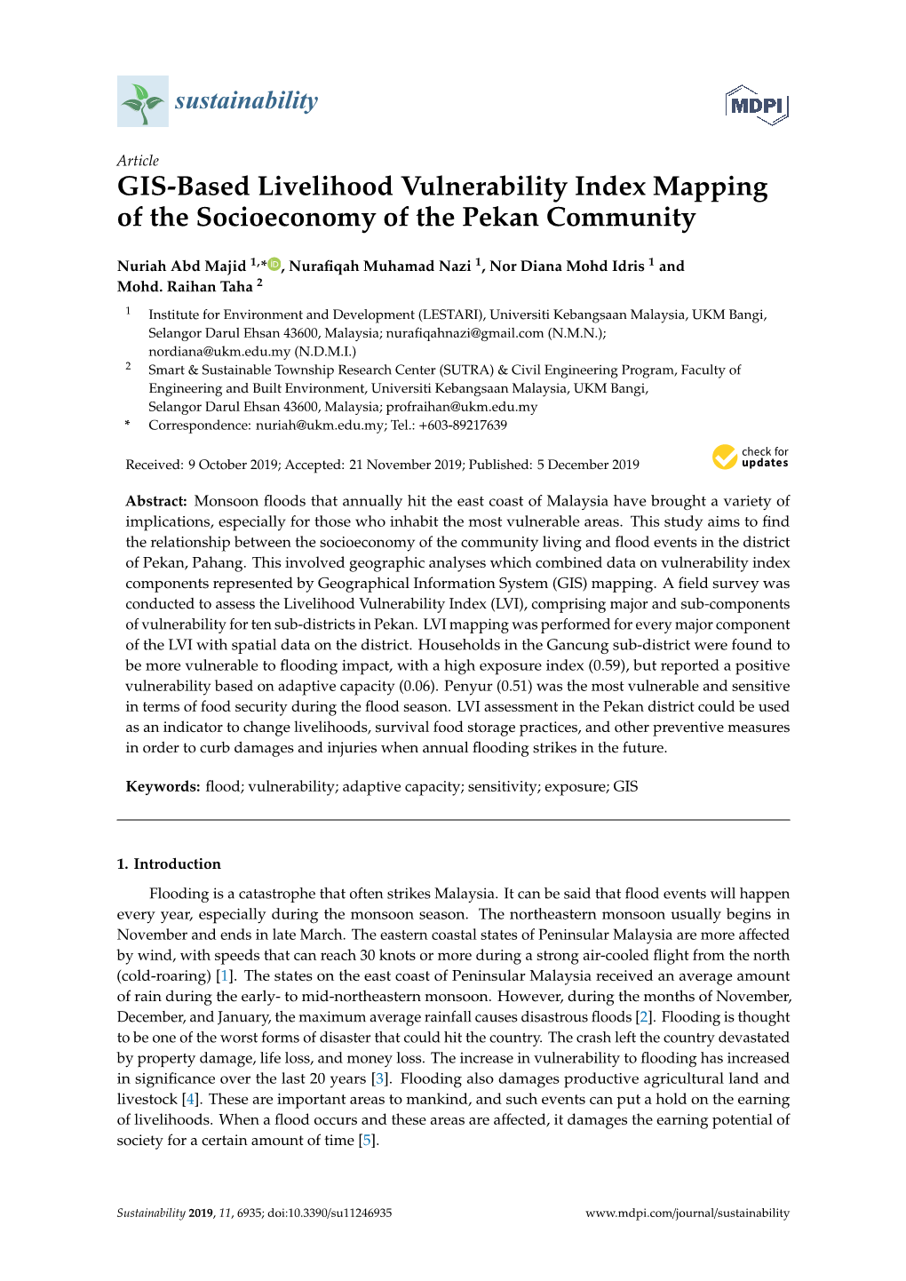 GIS-Based Livelihood Vulnerability Index Mapping of the Socioeconomy of the Pekan Community