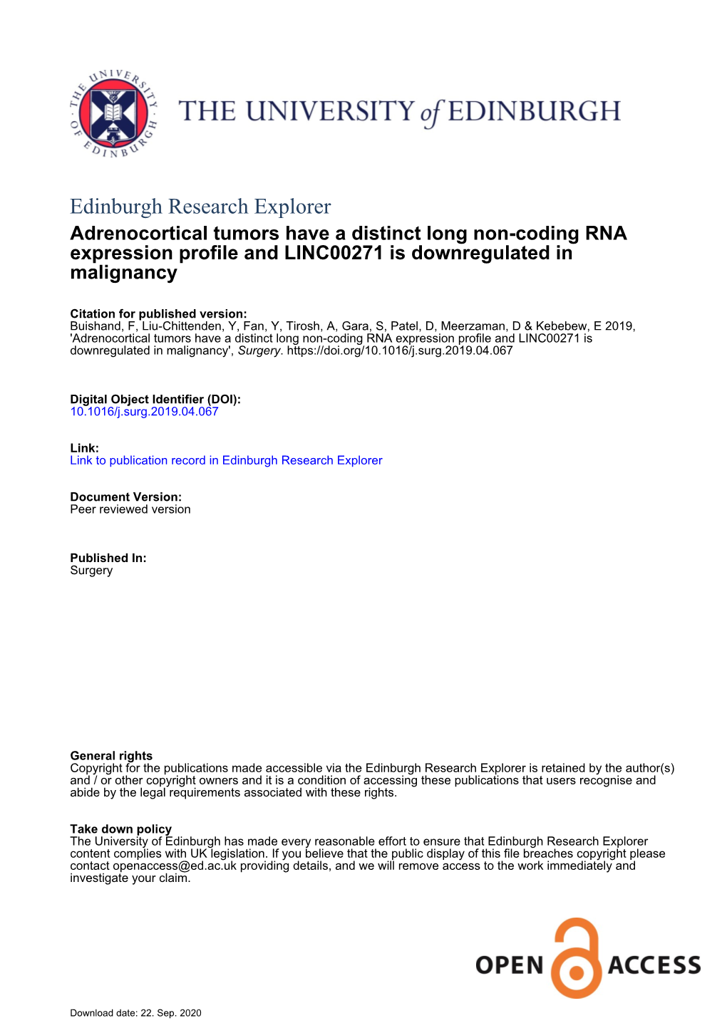 Edinburgh Research Explorer Adrenocortical Tumors Have a Distinct Long Non-Coding RNA Expression Profile and LINC00271 Is Downregulated in Malignancy