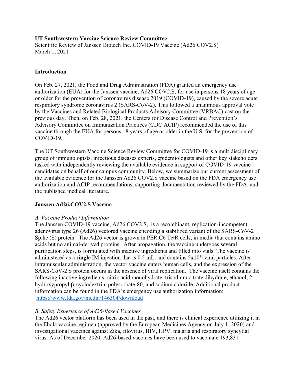 Scientific Review of Janssen Biotech Inc. COVID-19 Vaccine (Ad26.COV2.S) March 1, 2021