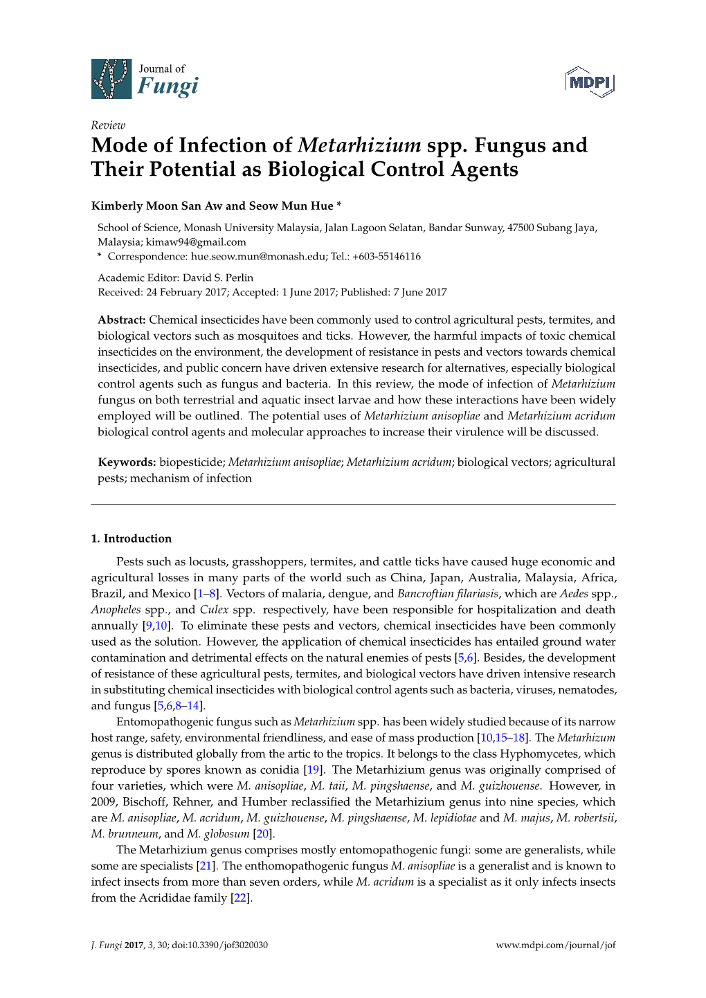 Mode of Infection of Metarhizium Spp. Fungus and Their Potential As Biological Control Agents