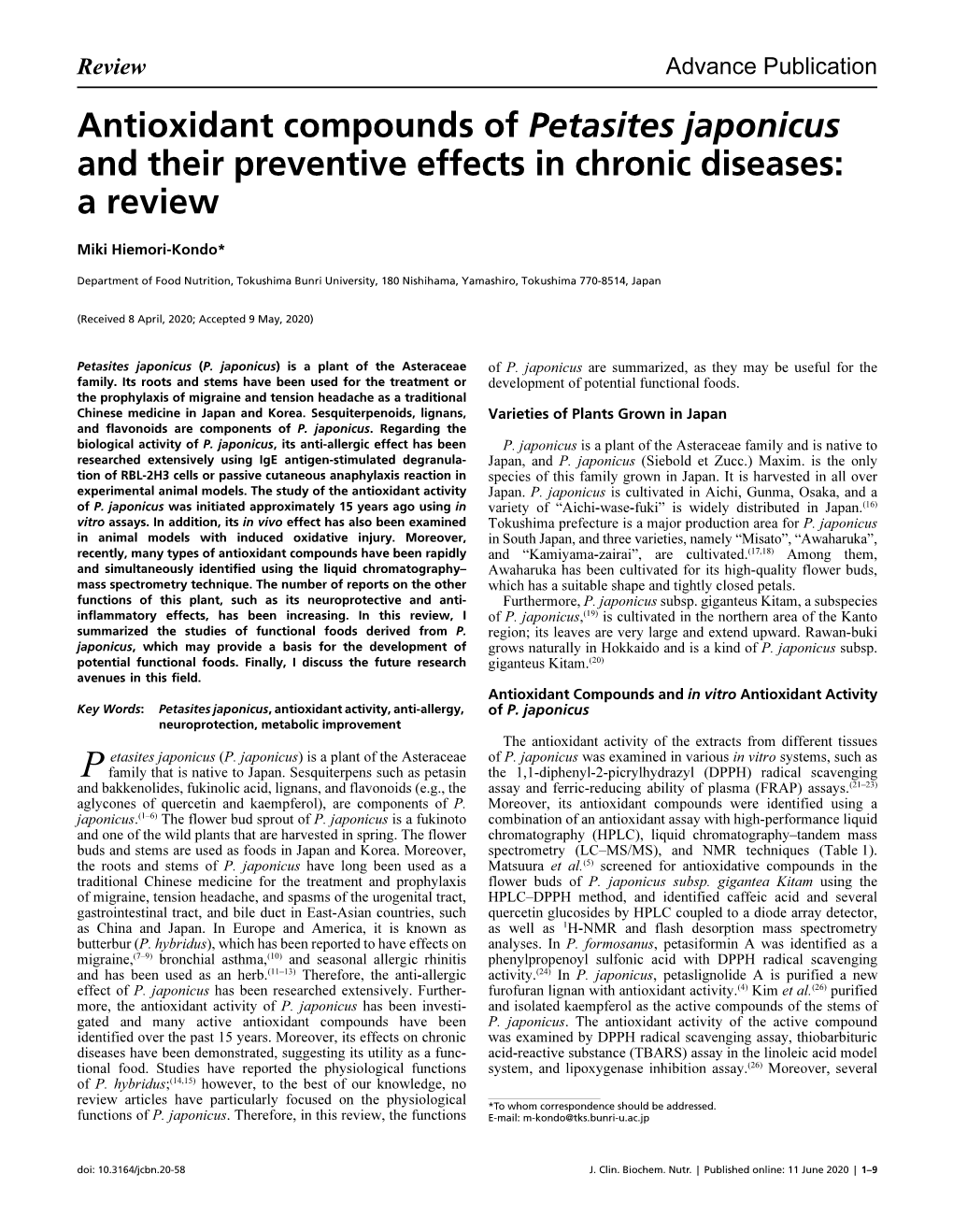 Antioxidant Compounds of Petasites Japonicus and Their Preventive