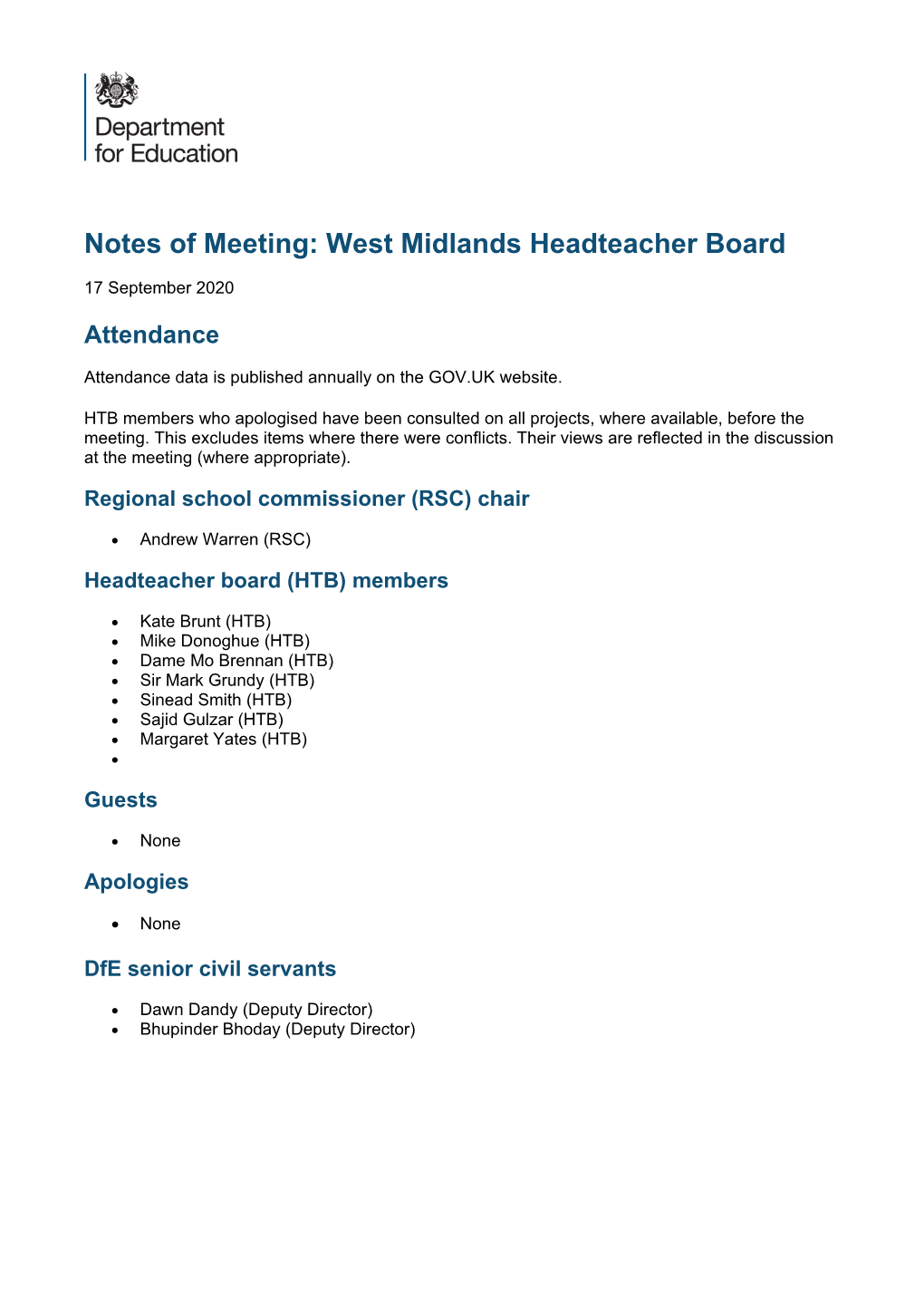 Notes of Meeting: West Midlands Headteacher Board