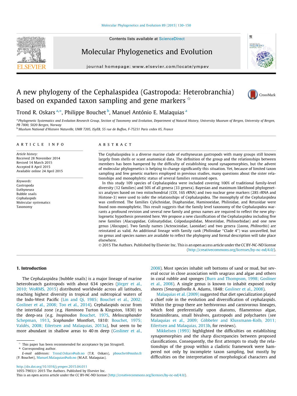 A New Phylogeny of the Cephalaspidea (Gastropoda: Heterobranchia) Based on Expanded Taxon Sampling and Gene Markers Q ⇑ Trond R