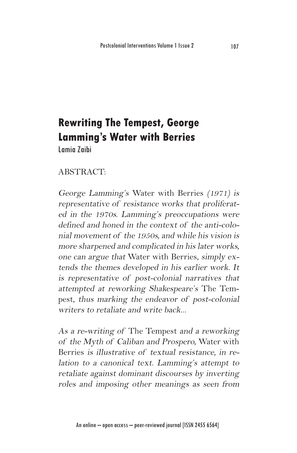 Rewriting the Tempest, George Lamming's Water with Berries