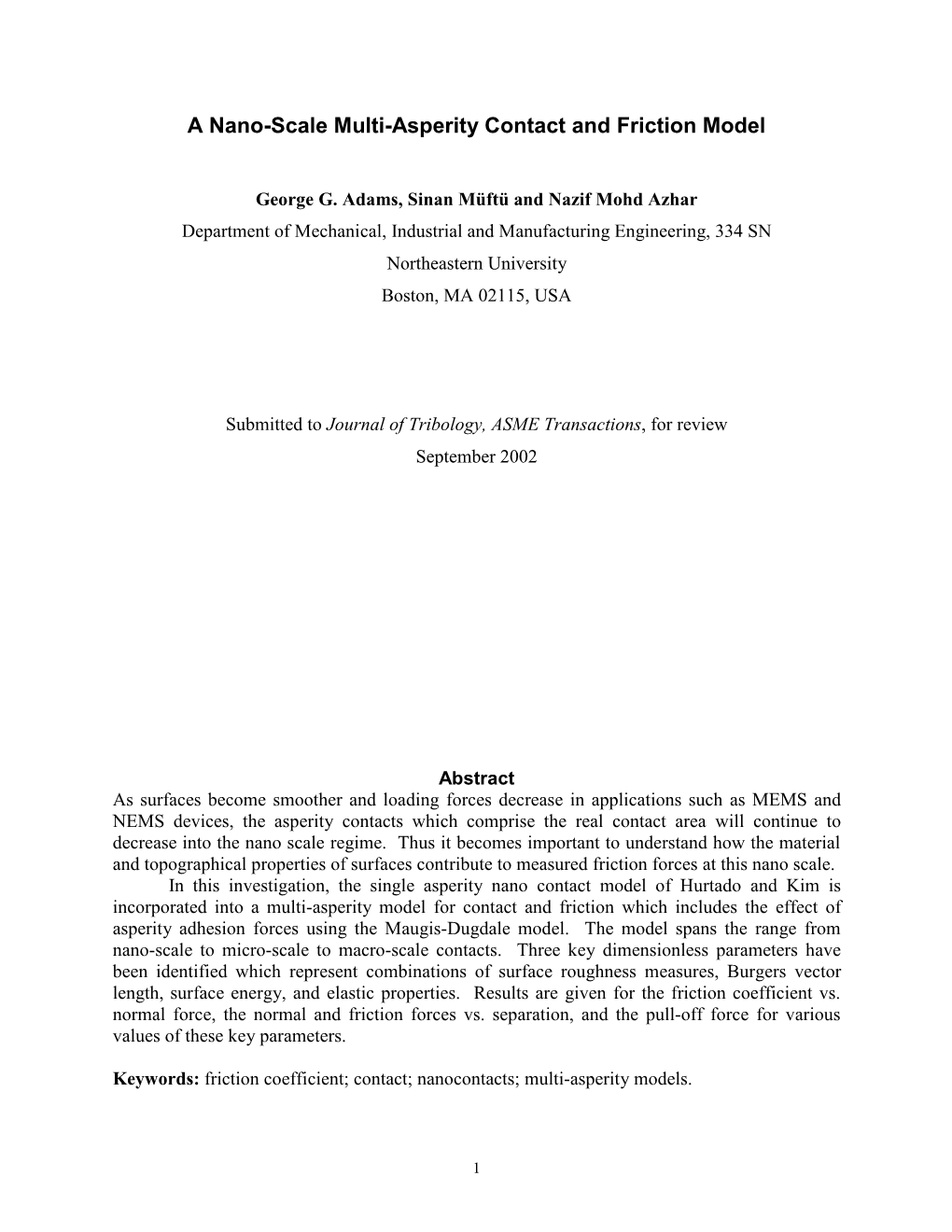 A Nano-Scale Multi-Asperity Contact and Friction Model