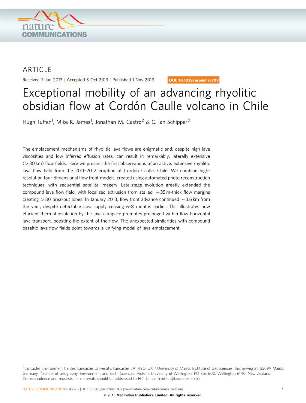 Exceptional Mobility of an Advancing Rhyolitic Obsidian Flow at CordÓN Caulle Volcano in Chile