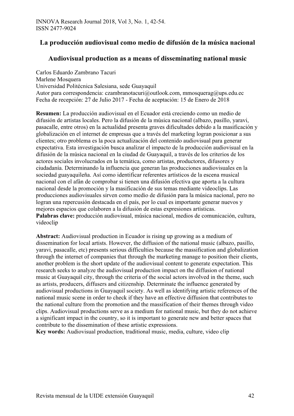 La Producción Audiovisual Como Medio De Difusión De La Música Nacional Audiovisual Production As a Means of Disseminating