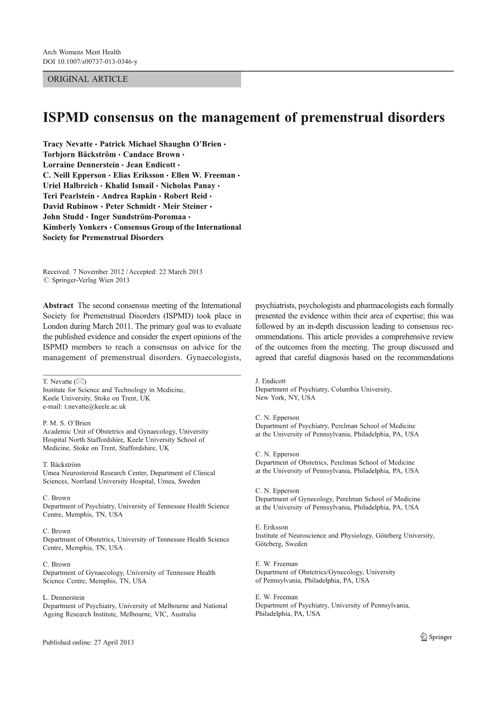 ISPMD Consensus on the Management of Premenstrual Disorders