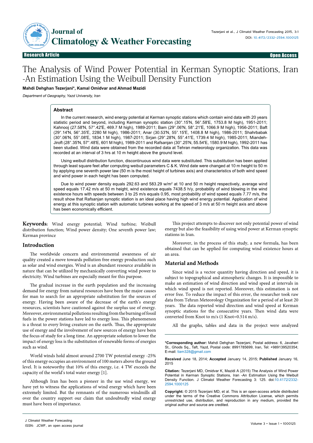 The Analysis of Wind Power Potential in Kerman Synoptic Stations, Iran