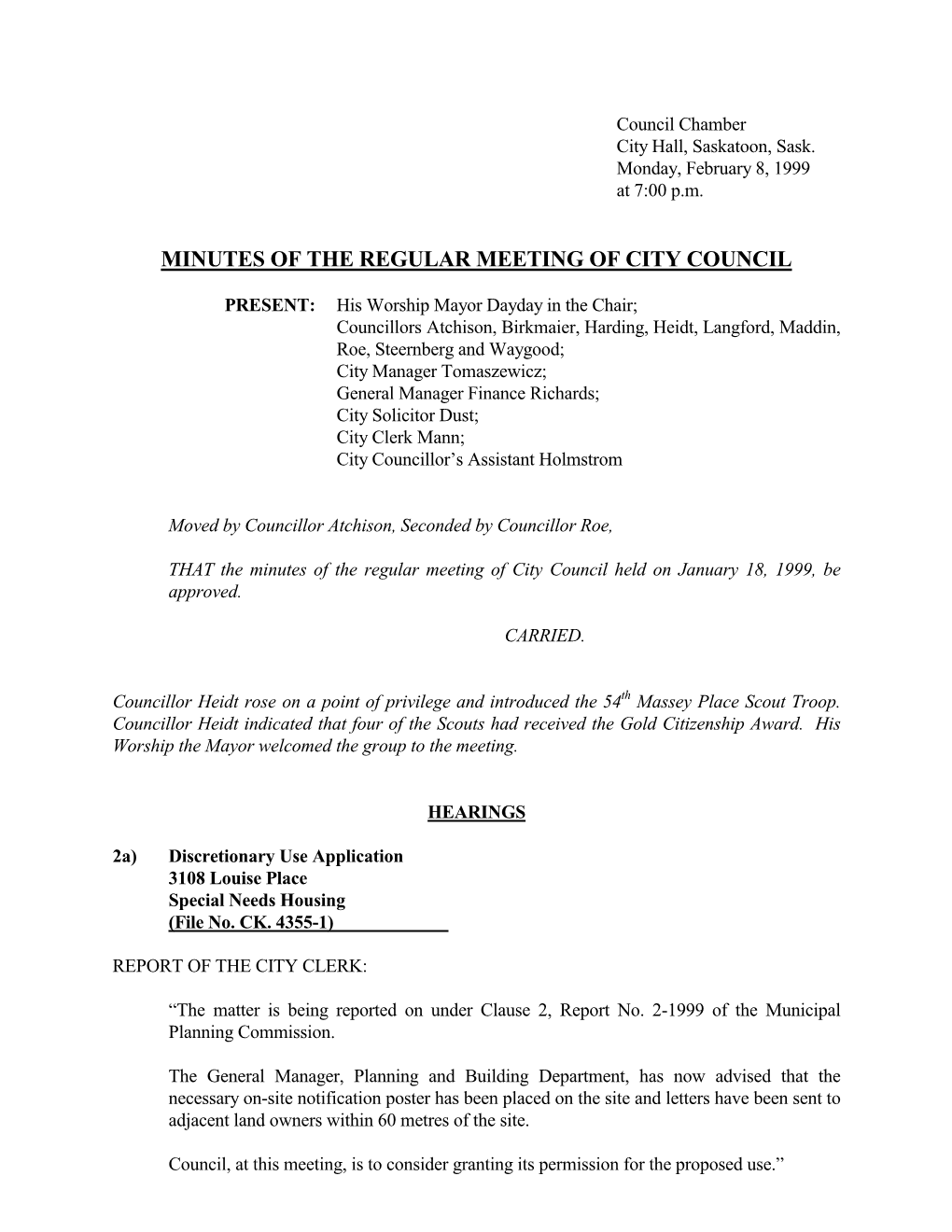 Minutes of the Regular Meeting of City Council