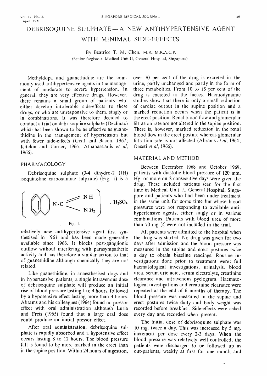 Debrisoquine Sulphate -A New Antihypertensive Agent with Minimal Side -Effects