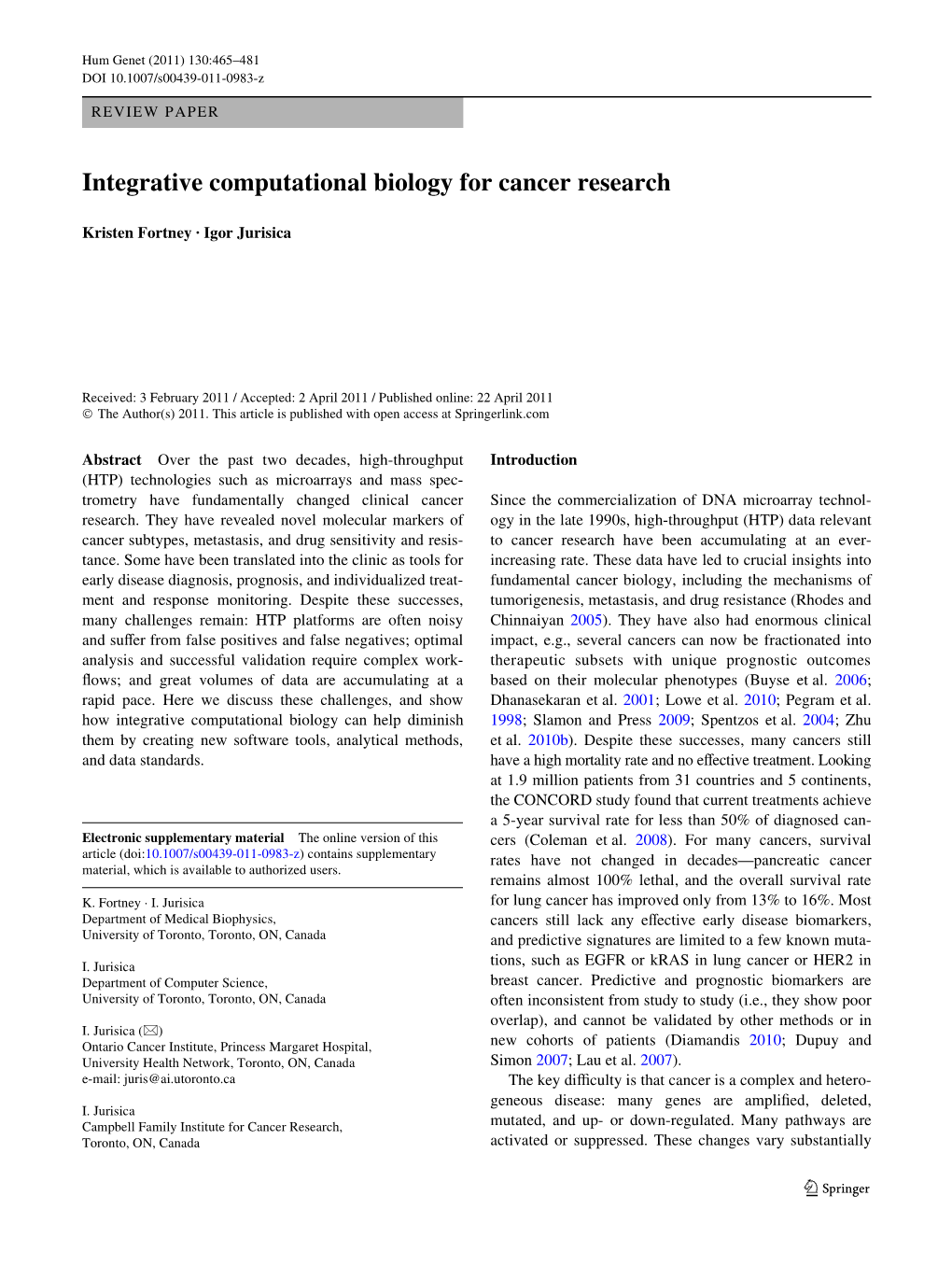 Integrative Computational Biology for Cancer Research