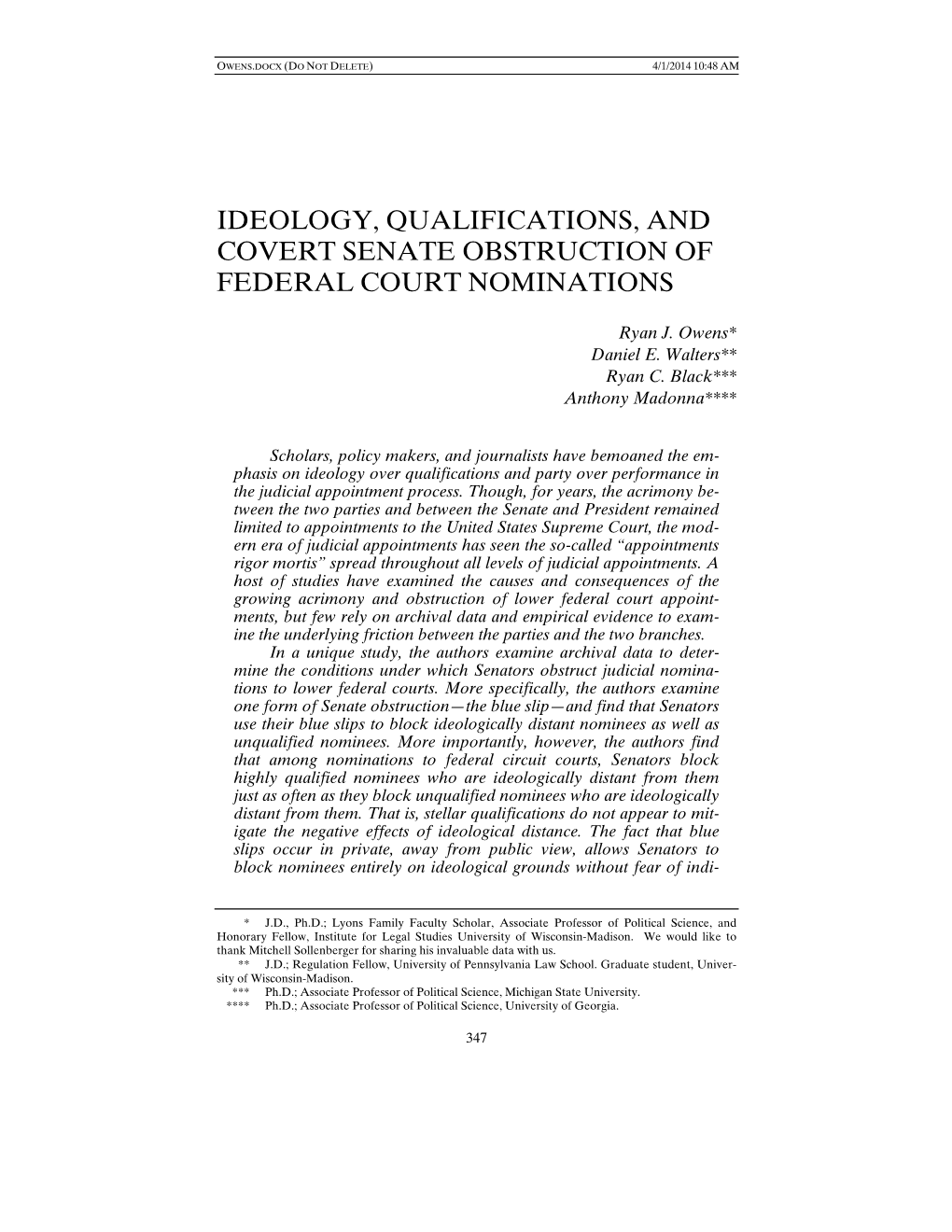 Ideology, Qualifications, and Covert Senate Obstruction of Federal Court Nominations