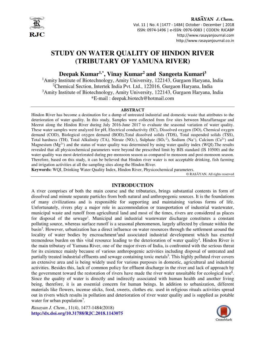 Study on Water Quality of Hindon River (Tributary of Yamuna River)