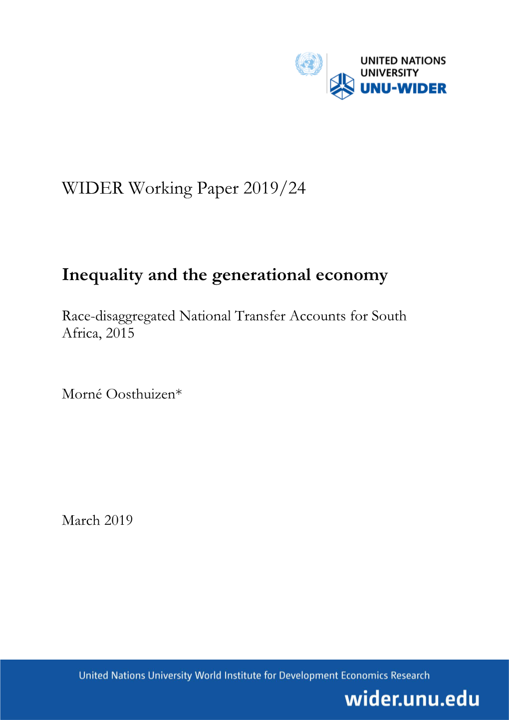 WIDER Working Paper 2019/24: Inequality and the Generational Economy Race-Disaggregated National Transfer Accounts for South