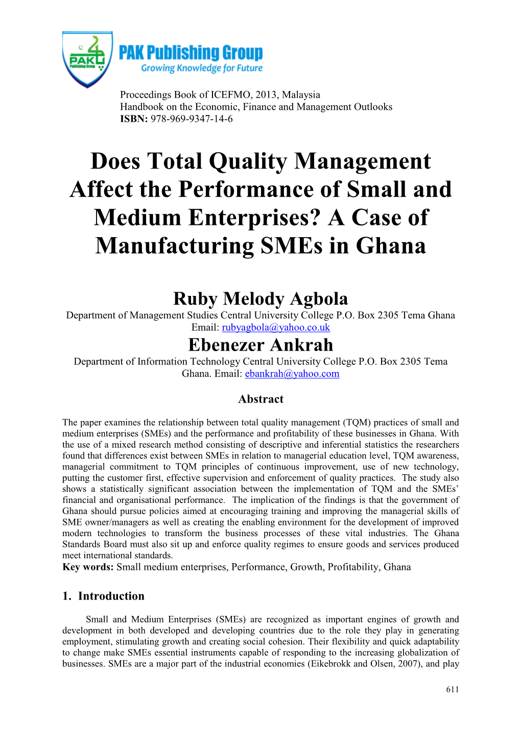 Does Total Quality Management Affect the Performance of Small and Medium Enterprises? a Case of Manufacturing Smes in Ghana