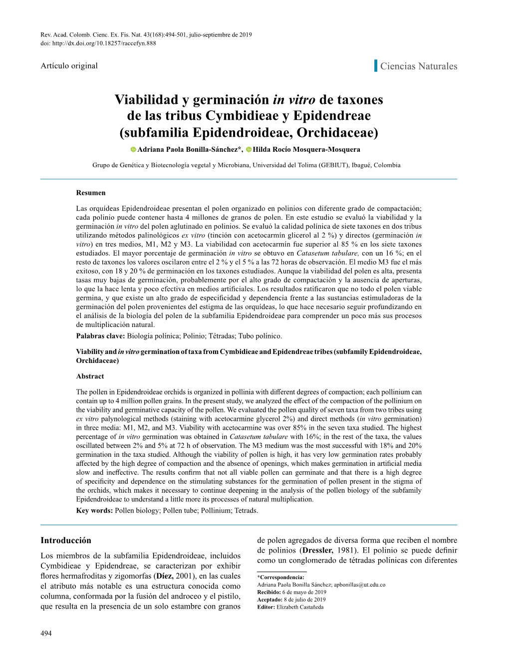 Viabilidad Y Germinación in Vitro De Taxones De Las Tribus Cymbidieae Y